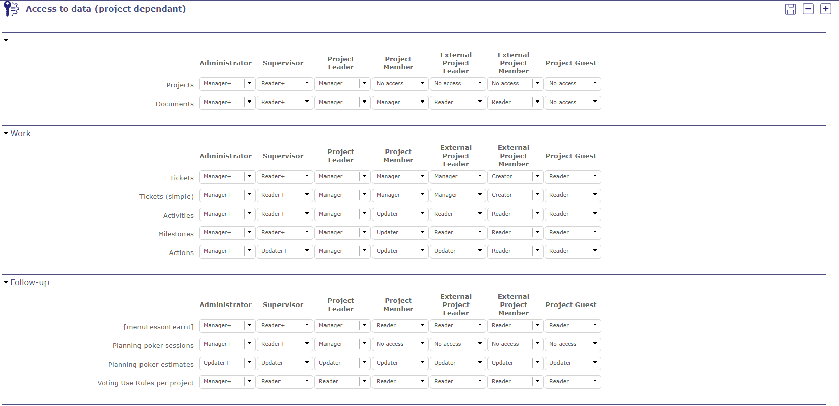 Access to data (Project dependant) screen