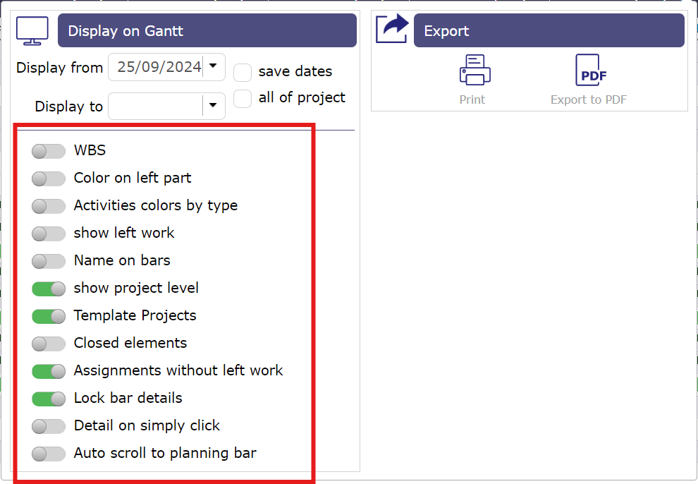 Gantt chart options