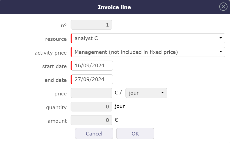 Row insertion popup for a resource and over a given period