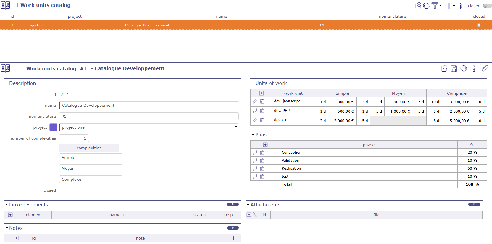 Work units Catalog screen