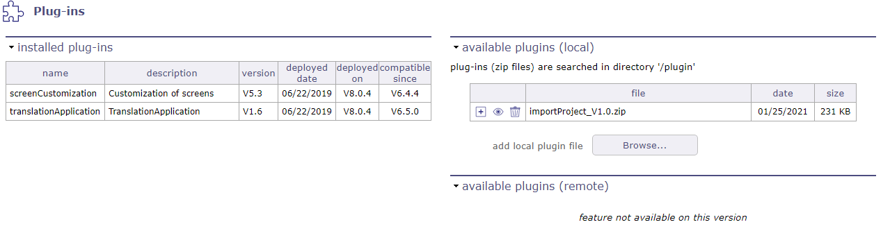 Plugin management screen