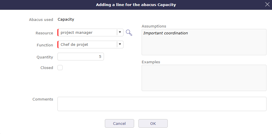 Pop up adding abacuses on Project