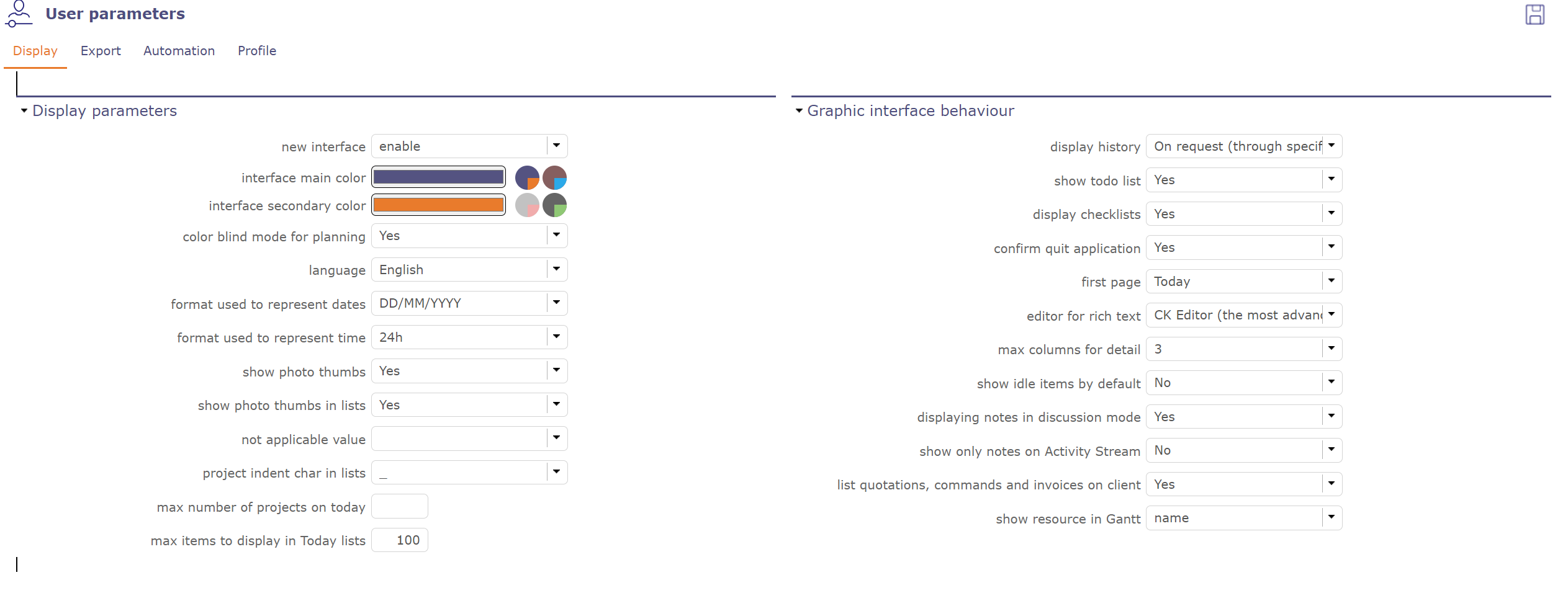 Display Parameters section